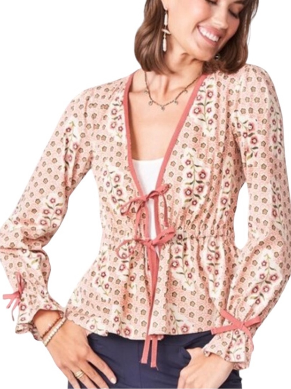 Spartina 449 Joni Tie Blouse Petite Fleur Floral Long Sleeve Tie Front S NWT